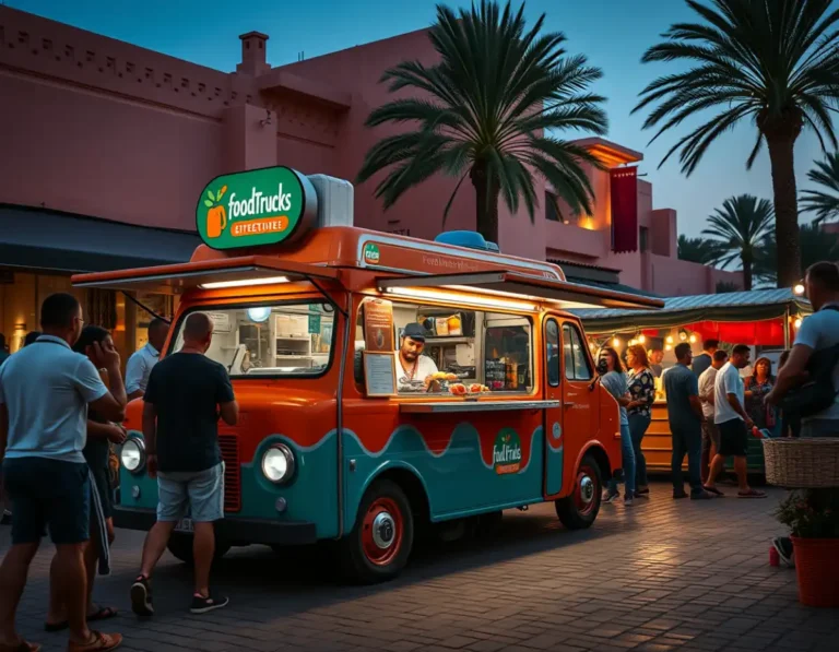 food truck moderne en action au coucher du soleil dans un marché animé de Marrakech. Au premier plan _ une remorque design aux couleurs vives (orange_bleu_vert)